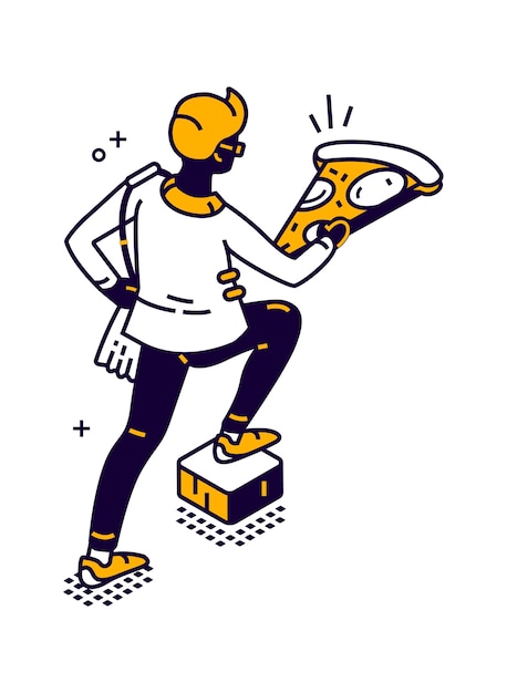 Man die voedsel isometrische illustratie levert, man draagt een groot stuk pizza in zijn handen
