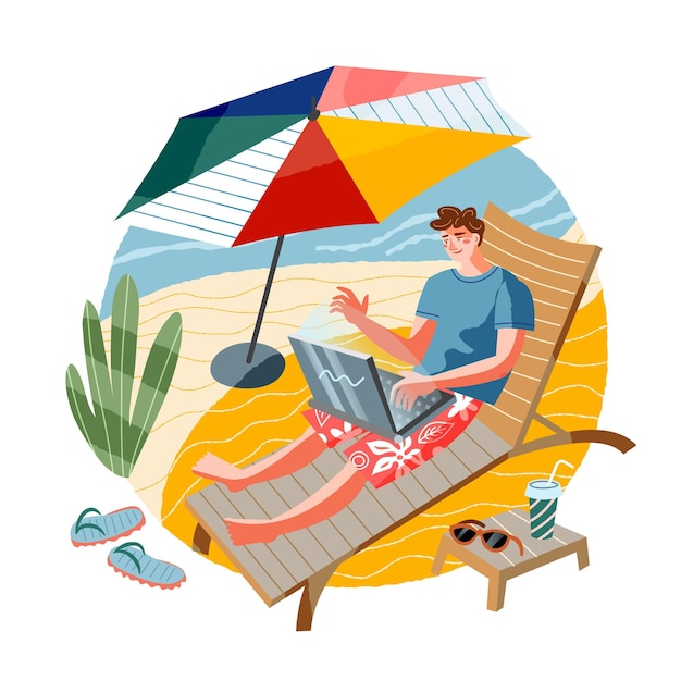 Man doet freelance werk op strand jonge kerel werkt met laptop op stoel in de buurt van zee online moderne levensstijl scène externe zakelijke werkplek met comfort onder paraplu