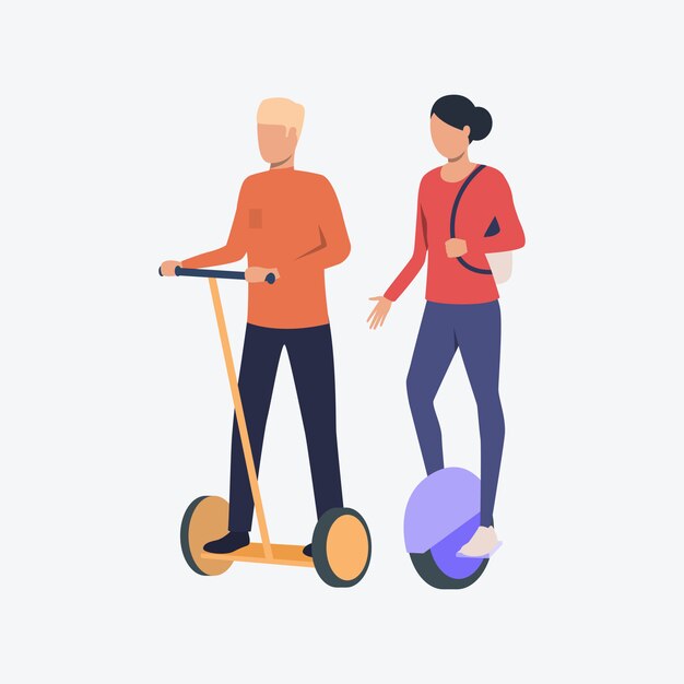 Man en vrouw die segway en monowheel berijden