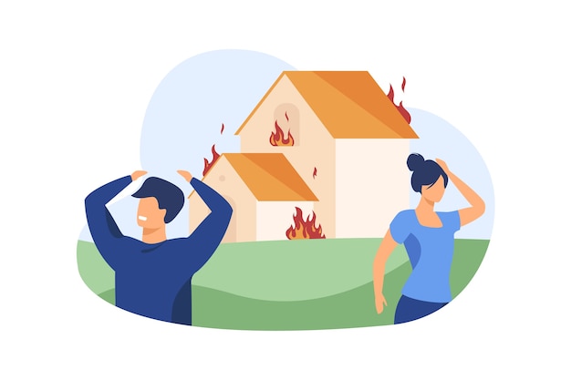 Gratis vector man en vrouw die zich buiten brandend huis bevinden.