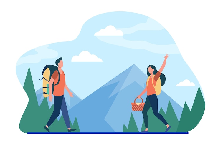 Gratis Vector man en vrouw gaan samen picknicken. natuur, hobby. vlakke afbeelding.