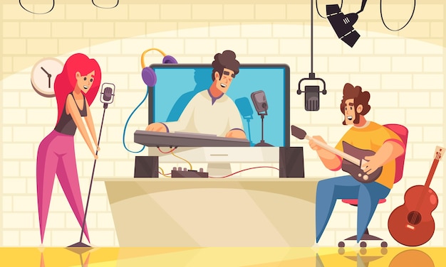 Gratis vector man en vrouw kijken naar videoblogger die muziek speelt en cartoonachtergrond zingt