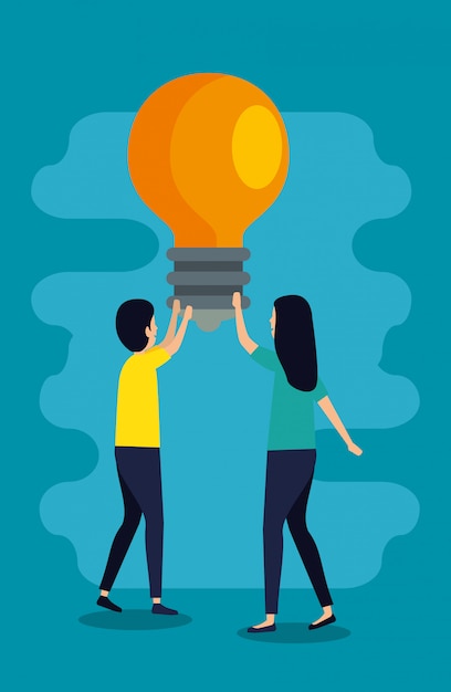 Gratis vector man en vrouw teamwork met lamp idee