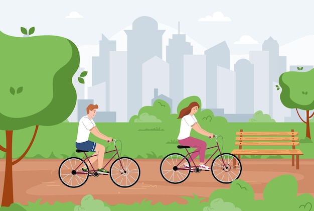 Gratis vector man gezonde levensstijl platte compositie met stadsgezicht achtergrond en stadspark landschap met paar fietsen vectorillustratie