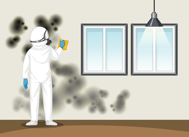 Gratis vector man in beschermend hazmat-pak dat schimmel aan de muur schoonmaakt