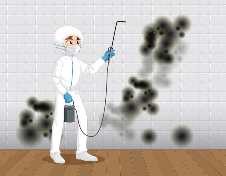 Gratis Vector man in beschermend hazmat-pak dat schimmel aan de muur schoonmaakt