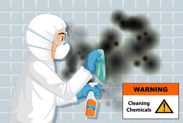 Gratis vector man in beschermend hazmat-pak dat schimmel aan de muur schoonmaakt