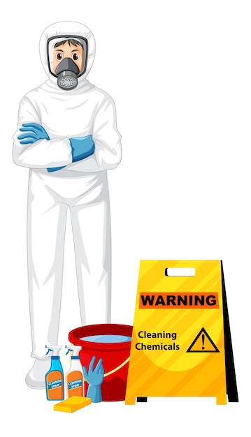 Gratis vector man in beschermend hazmat-pak met waarschuwing voor schoonmaakchemicaliën si