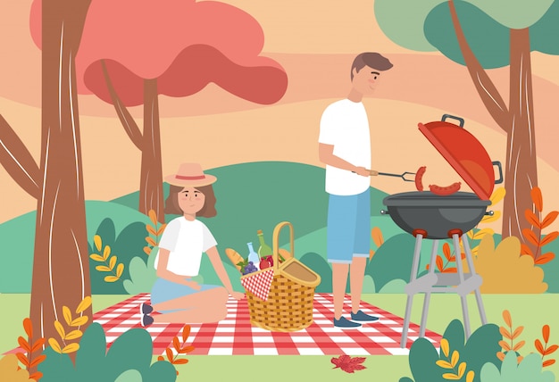 Gratis vector man in de gegrilde worstjes en vrouw met eten