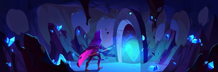 Gratis Vector man in middeleeuws kostuum met speer in donkere grot met stenen muren en blauwe edelsteenkristallen betreedt mystiek gloeiend portaal naar een andere dimensie of spelniveau cartoon vectorillustratie van magische deur