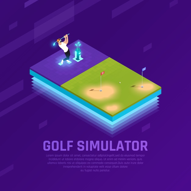 Gratis vector man in vr headset tijdens training op golf simulator isometrische samenstelling op paars