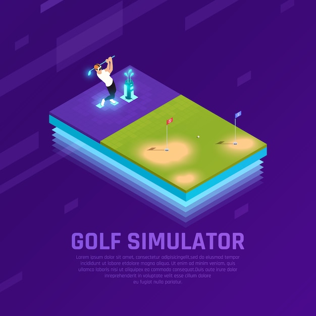 Man in vr headset tijdens training op golf simulator isometrische samenstelling op paars