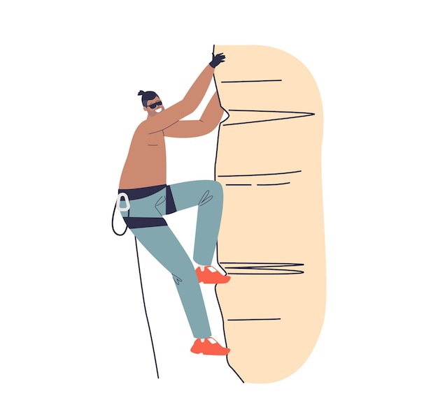 Man klimmen rots, muur of berg klif. mannelijke klimmer atleet hangen touwen klimmen. extreme sport en buitenactiviteiten concept. cartoon platte vectorillustratie