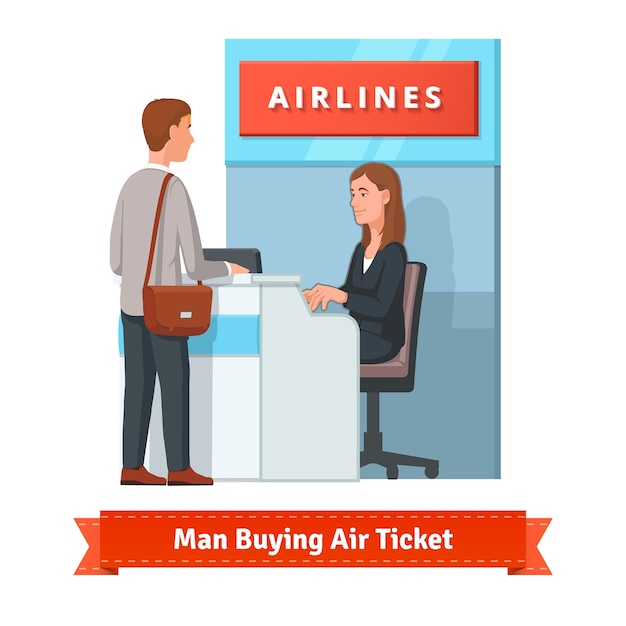Man koopt ticket voor zakenreis op de luchthaven