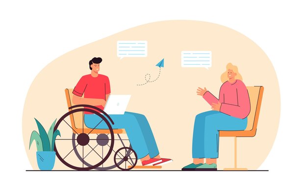 Man met een handicap die online met een vrouw communiceert. Persoon zit in rolstoel vlakke afbeelding.