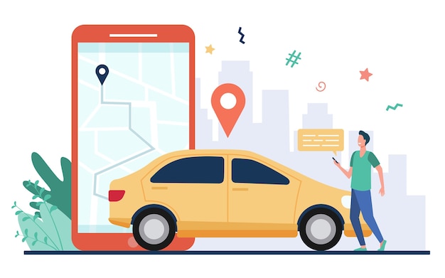 Gratis vector man met kaart op smartphone auto huren. bestuurder die de app voor het delen van auto's op de telefoon gebruikt en het voertuig zoekt. vectorillustratie voor vervoer, vervoer, stadsverkeer, locatie app-concept.