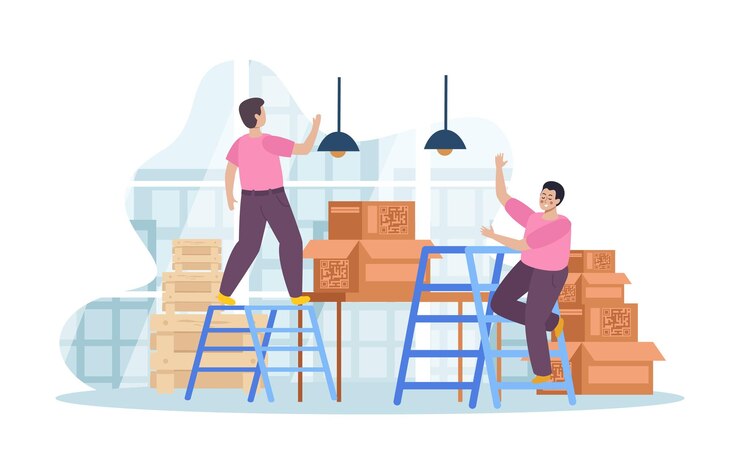 Gratis Vector man met laddersamenstelling van plat binnenlandschap met mannelijke collega's pakketdozen, pallets en raamvectorillustratie