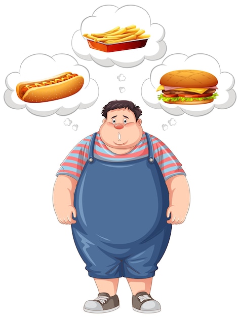 Gratis vector man met overgewicht die aan fastfood denkt