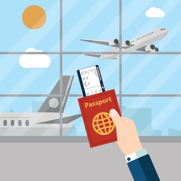 Gratis vector man met paspoort op de luchthaven