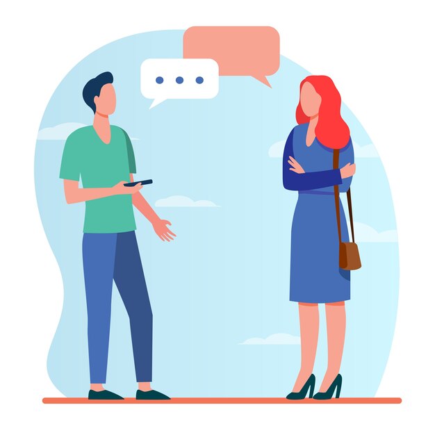 Man met smartphone en vrouw buiten praten. Gesprek, tekstballon, bestemming platte vectorillustratie vragen. Communicatie