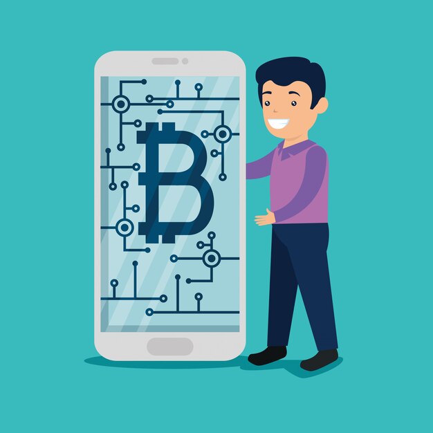 Man met smartphone met digitale bitcoin-valuta