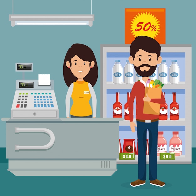 Gratis vector man met supermarkt boodschappen in boodschappentas