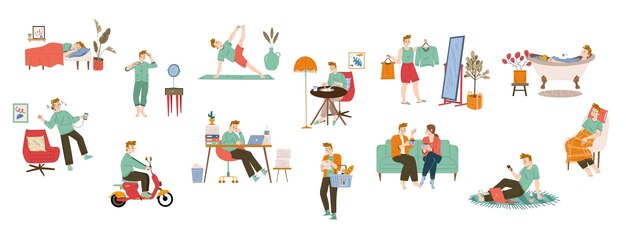 Man routine dagelijks leven schema gewoonten platte set