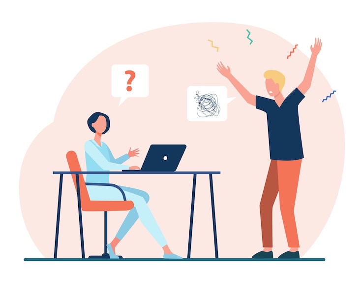 Gratis Vector man schreeuwen op vrouw die op laptop werkt. cartoon afbeelding