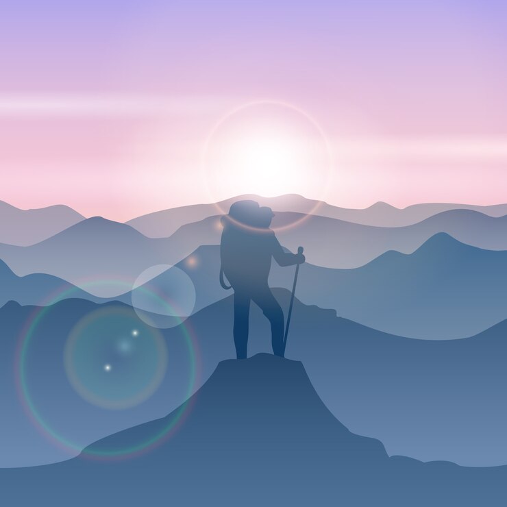 Gratis Vector man staat op de bergtop. vectorillustratie berg reizen man. piek wandelen berg, top berg, man staande illustratie