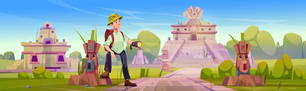 Gratis vector man toerist verken oude azteekse ruïnes