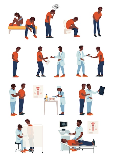 Man urologie platte recolor set van geïsoleerde pictogrammen met karakters van afro-amerikaanse patiënt en arts vectorillustratie