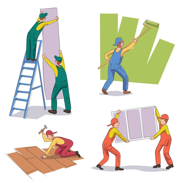 Gratis vector man werknemer bouwer reparateur karakter bezig met huis reparatie proces set mensen team schilderij muur installeren herstellen dak behangen