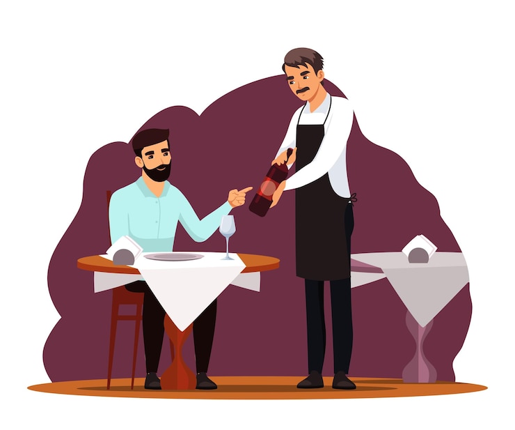 Gratis Vector man zit in restaurant ober die wijn in fles aanbiedt man alleen aan tafel in modern restaurant in de avond