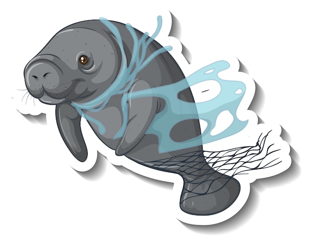 Gratis vector manatee vast in plastic net op witte achtergrond