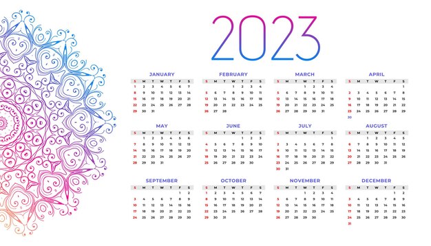 Mandala-stijl 2023 nieuwjaarskalender achtergrondontwerp