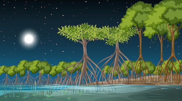 Mangroveboslandschapsscène bij nacht