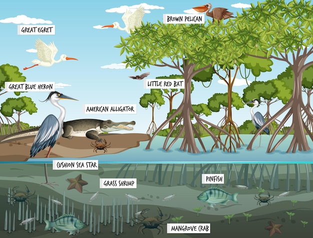 Gratis vector mangroveboslandschapsscène overdag met veel verschillende dieren