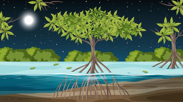 Gratis vector mangroveboslandschapsscène 's nachts met veel verschillende dieren