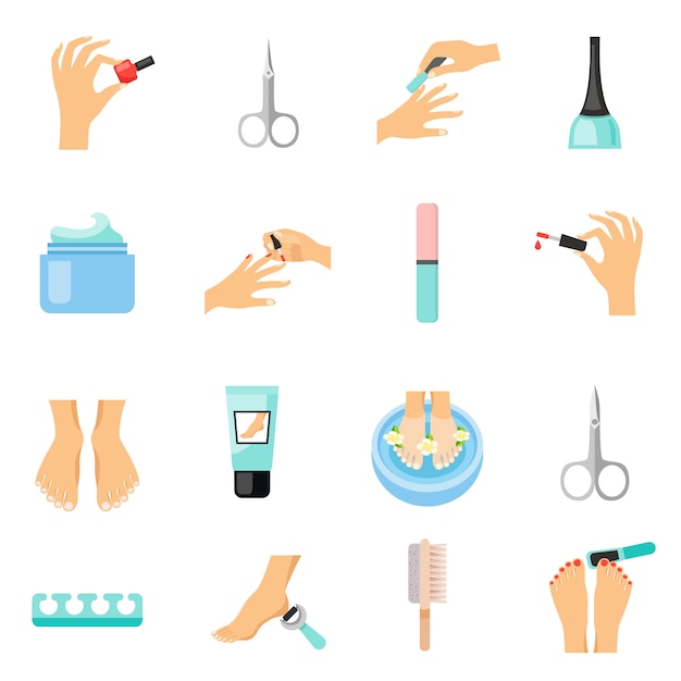 Gratis vector manicure en pedicure plat pictogrammen instellen