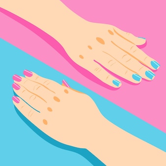 Manicure isometrische met vrouwelijke handen met roze en blauwe nagels 3d geïsoleerd
