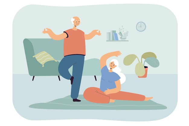 Mannelijke en vrouwelijke ouderen die thuis yoga beoefenen. cartoon grijsharige paar genieten van sport en oefeningen doen op tapijt samen platte vectorillustratie. fitness, gezonde levensstijl in ouderdomsconcept