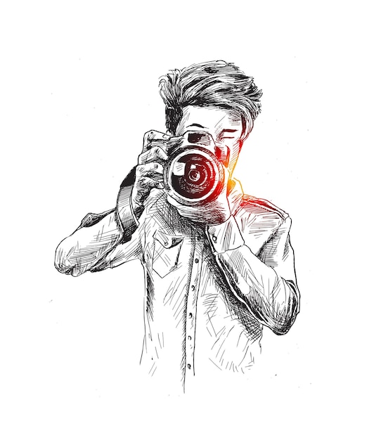 Gratis vector mannelijke fotograaf met camera hand getrokken schets vector