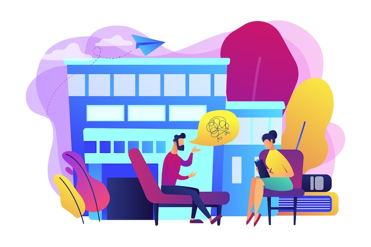 Gratis Vector mannelijke patiënt op coach bij psychologie overleg in gesprek met psycholoog. psycholoog, privébegeleiding, familiepsychologieconcept. heldere levendige violet geïsoleerde illustratie