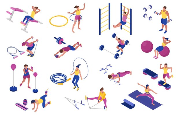 Mannen en vrouwen doen fitness met halters boksen peer hoepel halters thuis isometrische pictogrammen instellen 3d geïsoleerde vectorillustratie