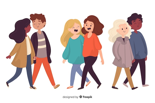 Gratis vector mannen en vrouwen wandelen set