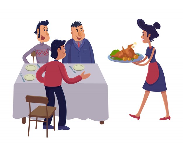 Mannen Verzamelen Samen n Tafel Cartoon Afbeelding Mannelijke Volwassenen En Serveerster Met Kalkoen Gebruiksklare Tekensjabloon Voor Reclame Animatie Afdrukken Komische Held Premium Vector