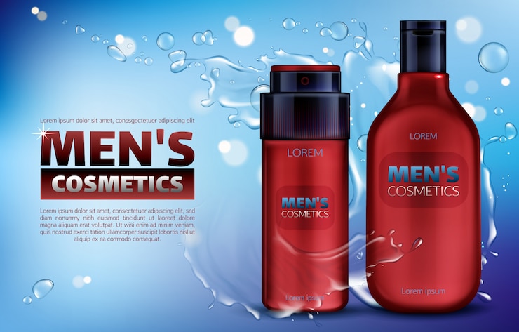 Gratis Vector mannencosmetica, douchegel, deodorant anti-transpirant 3d realistische advertentiesaffiche.