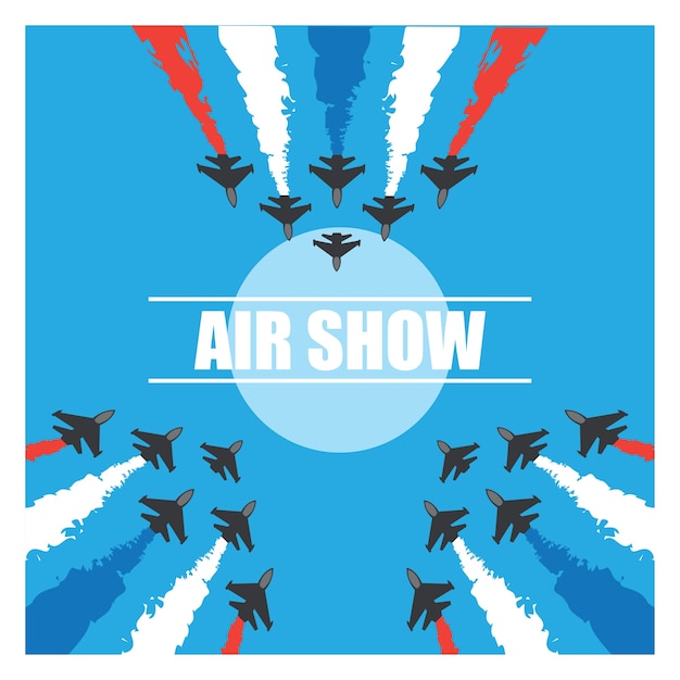 Gratis vector manoeuvres van een vechtervliegtuigen in de blauwe lucht voor luchtvertoningsbanner. vector illustratie