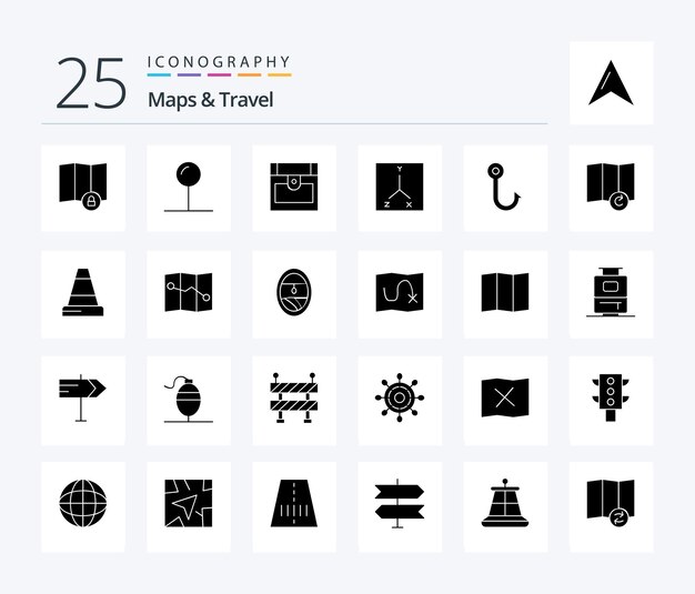 Maps Travel 25 Solid Glyph icon pack inclusief kegelkaart schathaakvis