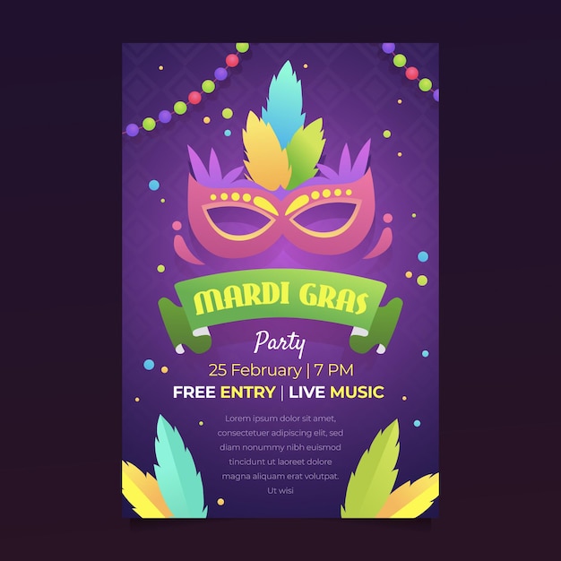 Mardi gras flyer-sjabloon in plat ontwerp